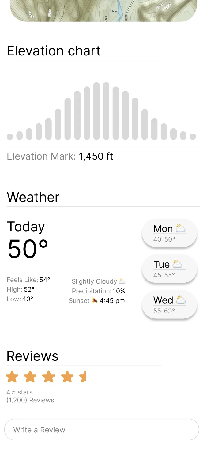 TREK app elevation and weather screen